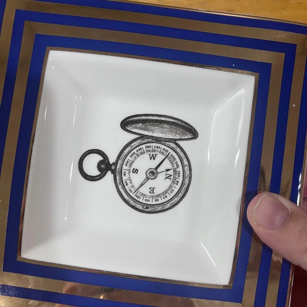 C. Wonder Tory Burch Compass Trinket Tray Navy Gold Striped Porcelain Dish Vtg